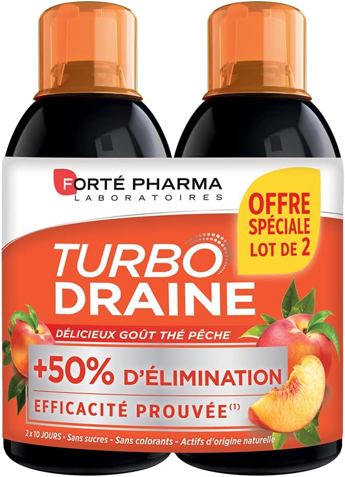 TurboDraine Pêche - Complément Alimentaire minceur - Thé vert et Reine des prés, Queue de cerise - Elimination, Drainage, Brule graisse - Lot de 2x500 ml, 20 jours Thé Pêche 500 ml (Lot de 2)