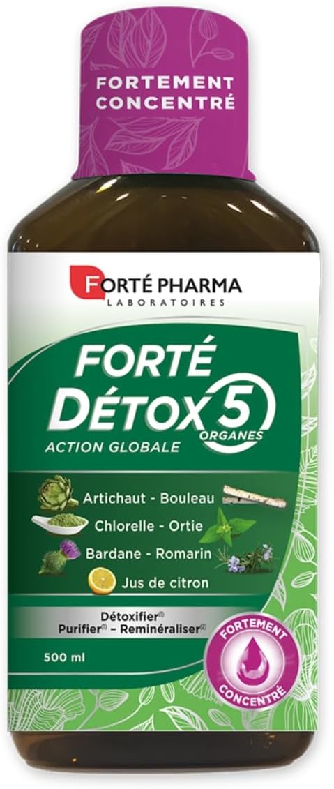Forté Détox 5 organes - Complément Alimentaire intestins Artichaut, Bouleau et Bardane - Détox Globale, Détox foie, Elimination, Purifie l'organisme & la peau- 500ml = 10 jours Citron 500 ml (Lot de 1)