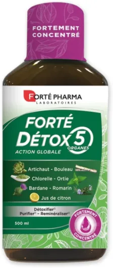 Forté Détox 5 organes - Complément Alimentaire intestins Artichaut, Bouleau et Bardane - Détox Globale, Détox foie, Elimination, Purifie l'organisme & la peau- 500ml = 10 jours Citron 500 ml (Lot de 1)