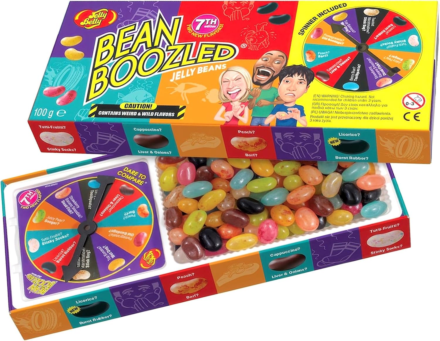 Jelly Belly Bean Boozled 100g avec roue – Bonbon americain - Défi goûts bizarres – Jelly Beans Challenge – Jeu Amusant & Extrême – Idéal pour Soirées, EVG/EVJF & Fêtes