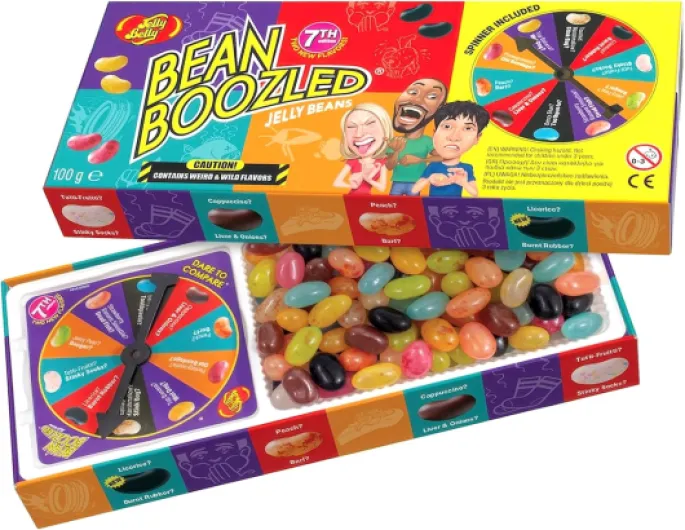 Jelly Belly Bean Boozled 100g avec roue – Bonbon americain - Défi goûts bizarres – Jelly Beans Challenge – Jeu Amusant & Extrême – Idéal pour Soirées, EVG/EVJF & Fêtes