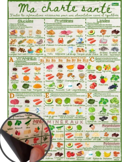 Guide Nutritionnel Vitamines et Minéraux - Tableau Magnétique A4, Élégant, Coloré et Résistant à l'Eau - Pour une Alimentation Saine et Équilibrée - Idéal pour la Cuisine et le Réfrigérateur