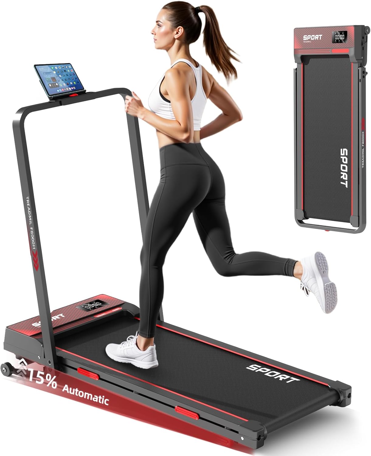 Tapis de Course, Tapis de Course Pliable 4 en 1 avec Inclinaison réglable électriquement, 1 à 12 km/h, écran LED, Support pour iPad/téléphone Portable - Noir