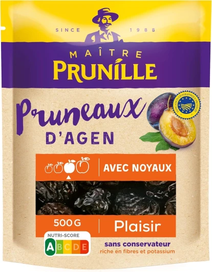 MAÎTRE PRUNILLE - Pruneaux d’Agen Avec Noyaux - Fruits Secs Plaisir - Calibre 30/35 - Riche En Fibres Et Potassium - Facilite La Digestion - Sans Conservateur - Nutri-Score A - Label IGP - Sachet 500g Très Gros Avec noyaux - 500 g