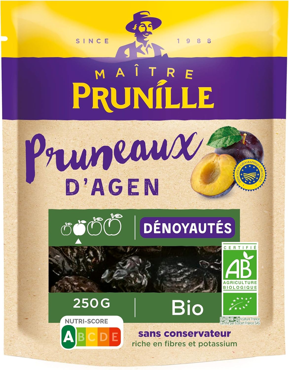 MAITRE PRUNILLE - Pruneaux D'Agen Denoyautes Bio - Riche En Fibres Et Potassium - Sans Conservateur - Nutri-Score A - Issu De L'Agriculture Biologique - Origine France - Sachet Recyclable 250 g Dénoyautés BIO - 250 g