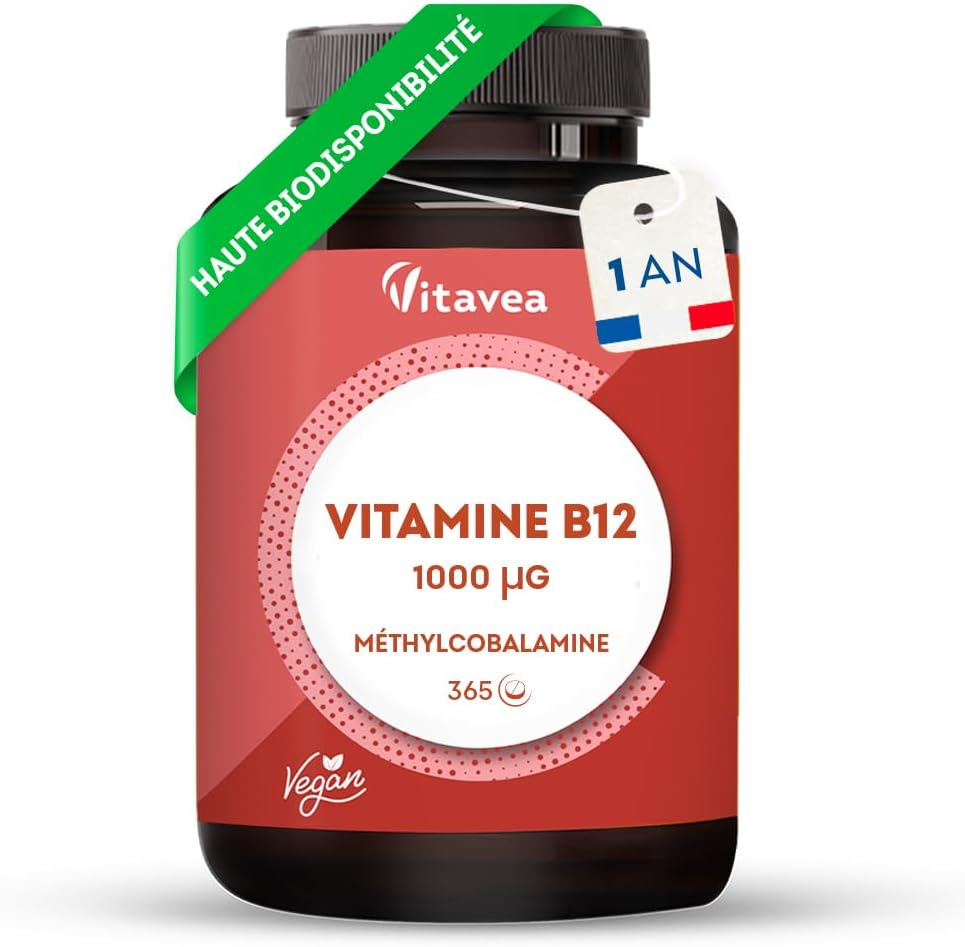 Vitamine B12, 1 000 µg - Vegan & Végétarien - Méthylcobalamine Pure & Biodisponible - Haut dosage & haute assimilation - 1 an - Immunité, Fatigue et Equilibre Nerveux - Fabriqué en France - Vitavea