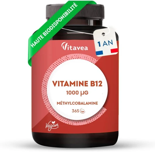 Vitamine B12, 1 000 µg - Vegan & Végétarien - Méthylcobalamine Pure & Biodisponible - Haut dosage & haute assimilation - 1 an - Immunité, Fatigue et Equilibre Nerveux - Fabriqué en France - Vitavea