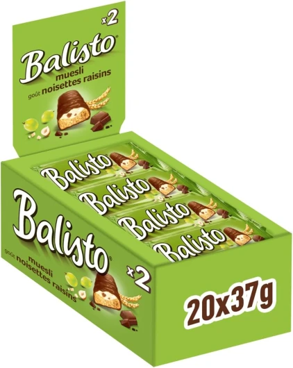 BALISTO - Barre Biscuit Céréales et Chocolat au Lait Muesli - Grand Format - 20 x 37g - Goût Noisettes Raisins - Idéal à Partager