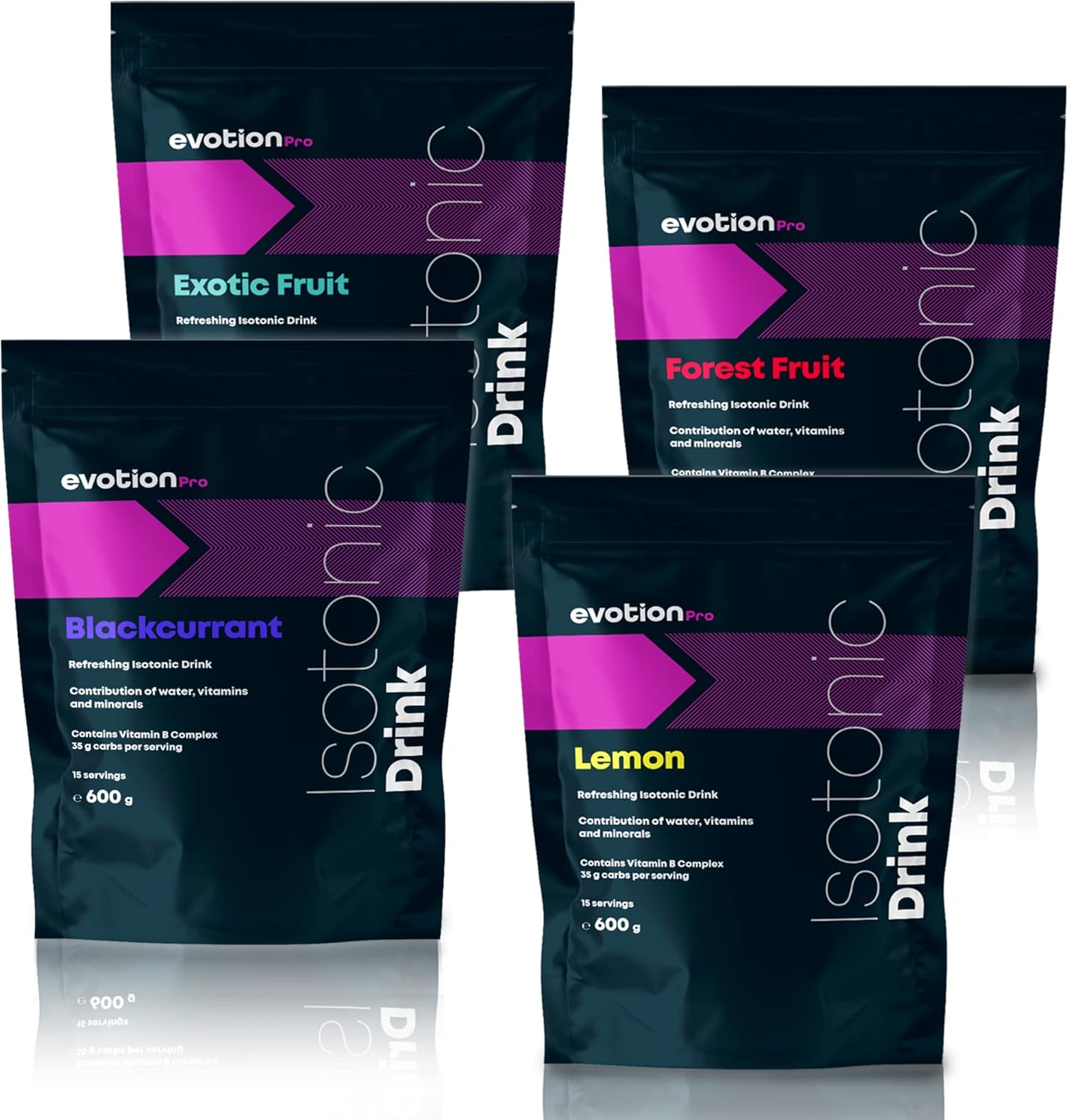 EVOTION PRO Boisson Isotonique en Poudre - 4 x 600 g, Idéale pour s'hydrater, Avec électrolytes et Des Glucides, Prévenir les Crampes Musculaires, Sans Gluten, 4 goûts 4 goûts 2.4 kg (Lot de 1)