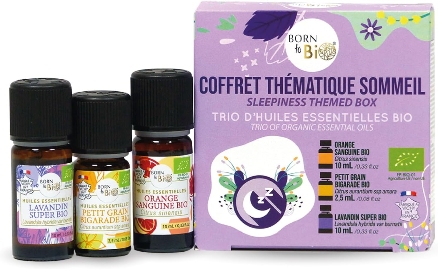 Coffret Huiles Essentielles - Thématique Sommeil - Trio d'Huiles Essentielles BIO - Sommeil Reparateur - Orange Sanguine, Petit Grain Bigarade et Lavandin