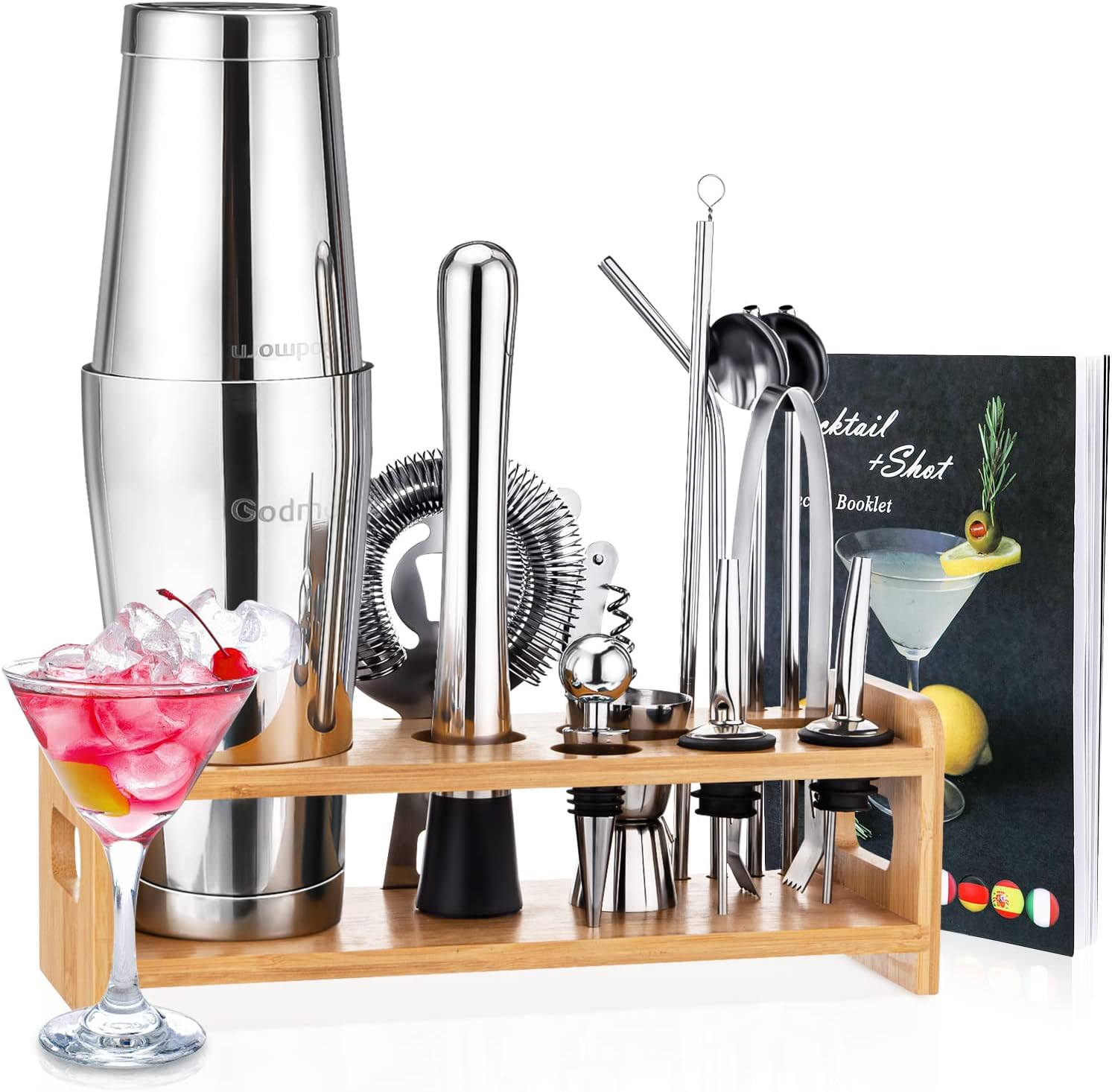 Boston Shaker Cocktail Set, Bartender Kit 600/450ML Shaker, 16 Pièces-Bar Tool Set Professionnel kit pour Barman, Kit Complet pour Cocktails, Double Jigger, Cuillère à mélanger, Recettes 16Pcs