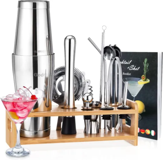 Boston Shaker Cocktail Set, Bartender Kit 600/450ML Shaker, 16 Pièces-Bar Tool Set Professionnel kit pour Barman, Kit Complet pour Cocktails, Double Jigger, Cuillère à mélanger, Recettes 16Pcs