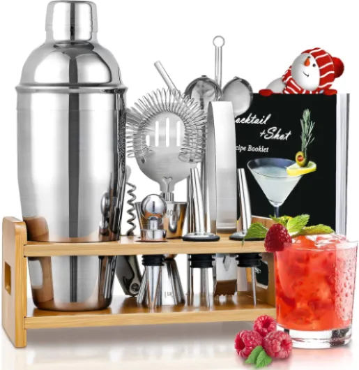 13 pièces Cocktail Set Bar Kit Bar Tool Set par Godmorn, Shaker à martini en Acier Inoxydable de 500ml avec Support en bois, Double Jigger, Cuillère à mélanger, 2 Verseurs , Livret de 20 Recettes