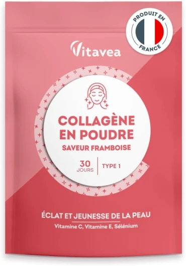 Collagène Poudre Saveur Framboise - Peptides Hydrolysés Types 1 - 2000 Da - Eclat & Jeunesse de la Peau- Hautement biodisponible - 3400mg de Collagène par dose - 30 jours -Fabriqué en France -Vitavea