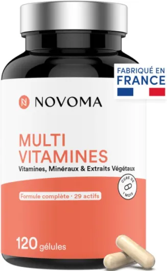 Multivitamines et Minéraux, 29 Vitamines & Actifs A B C D3 E K2 + Magnésium & Zinc, 120 gélules, Complément Alimentaire Immunité pour Femme et Homme, Fabriqué en France Multivitamines - Novoma