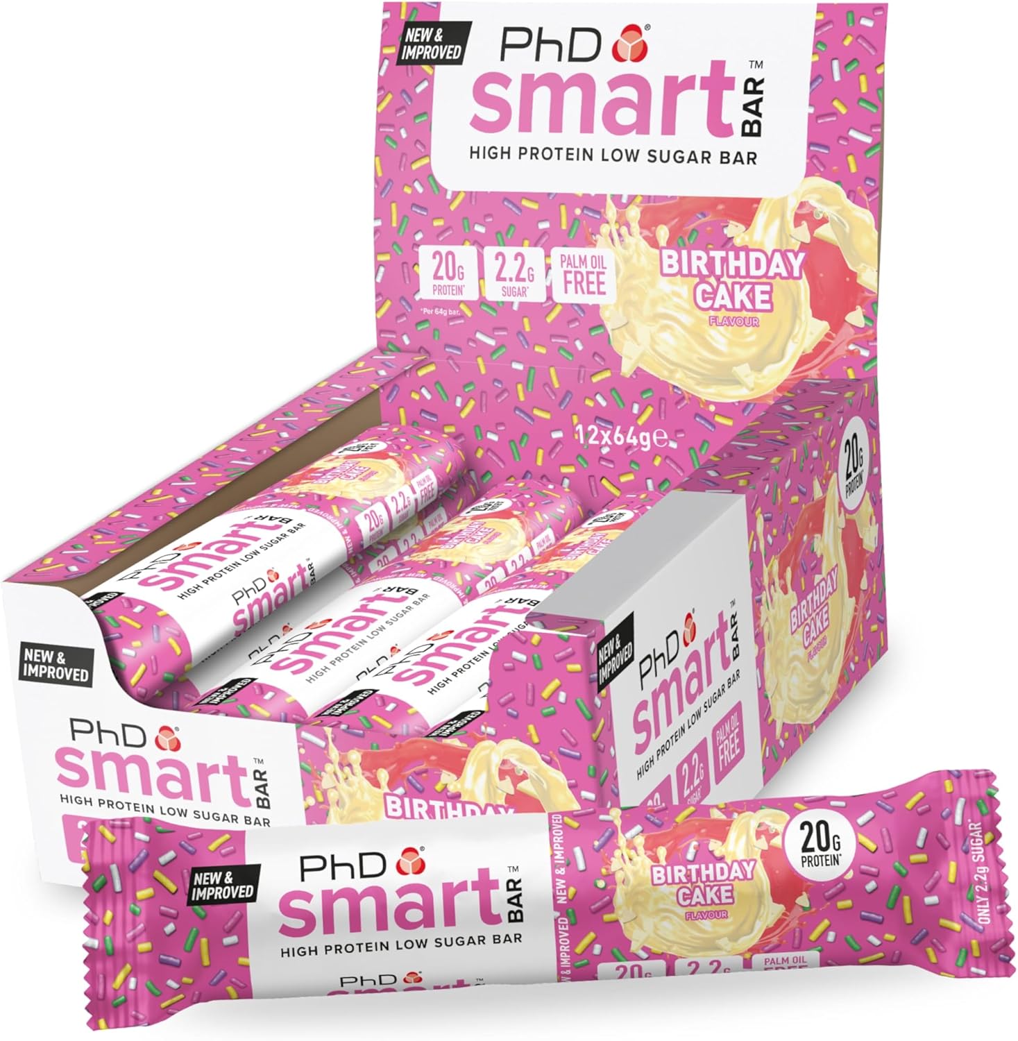 Nutrition Smart Bar Barre Protéinée Gâteau d'Anniversaire 12 x 64g - Snack Riche en Protéines avec 20g de Protéines et Peu de Sucre, Barre Protéinée macro-favorable