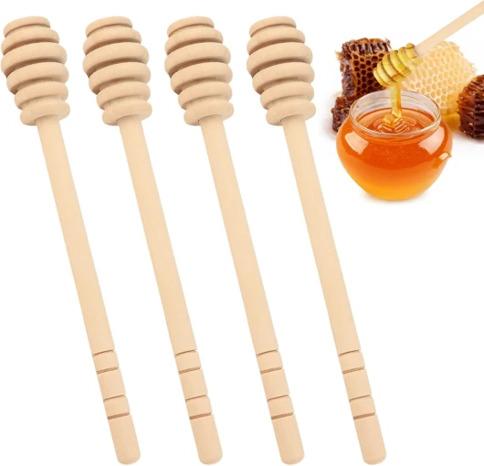 Dewfigs ㅤ 4 Pièces Agitateurs à Miel en Bois Naturel 16cm, Cuillère à Miel Écologiques pour Pots de Miel, Accessoires de Cuisine pour Mélange, Cuillere a Miel pour Mariage, Anniversaire, Fêtes