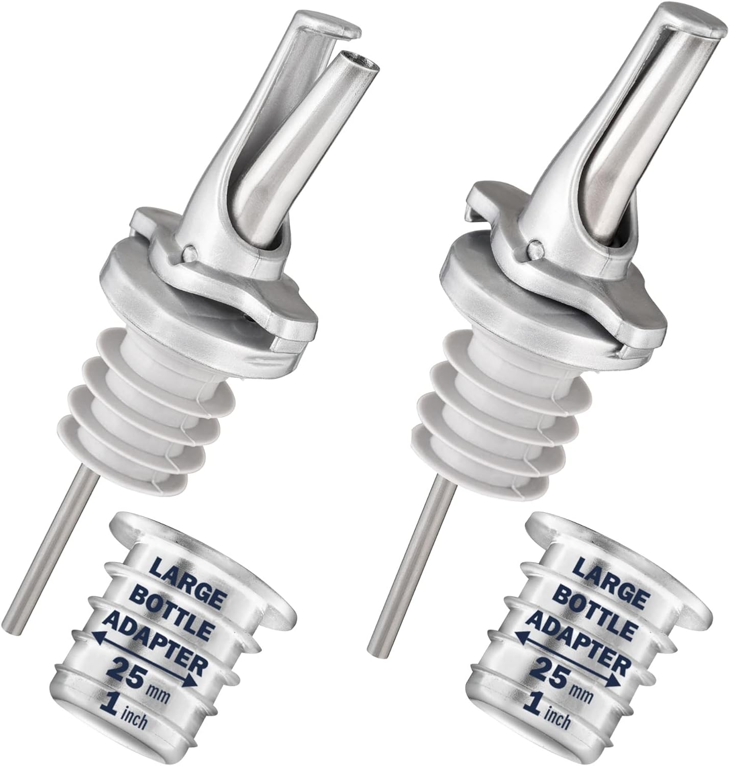Verseur de Boissons alcoolisées - Verseur d'alcool breveté - Verseur de vin et d'huile - Doseur de Bouteille précis - Convient à la Plupart des Bouteilles - Argent - 2 avec adaptateurs Argent 2pk + 2 adaptateurs