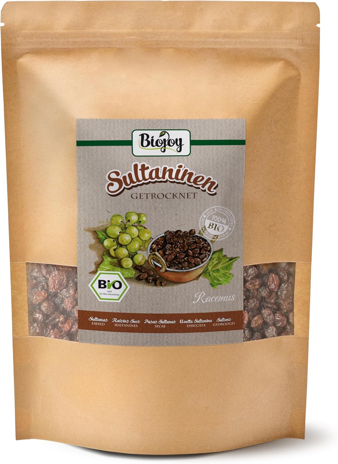 Raisins secs Sultanine BIO (1 kg), entières et sans additifs 1 kg (Lot de 1)