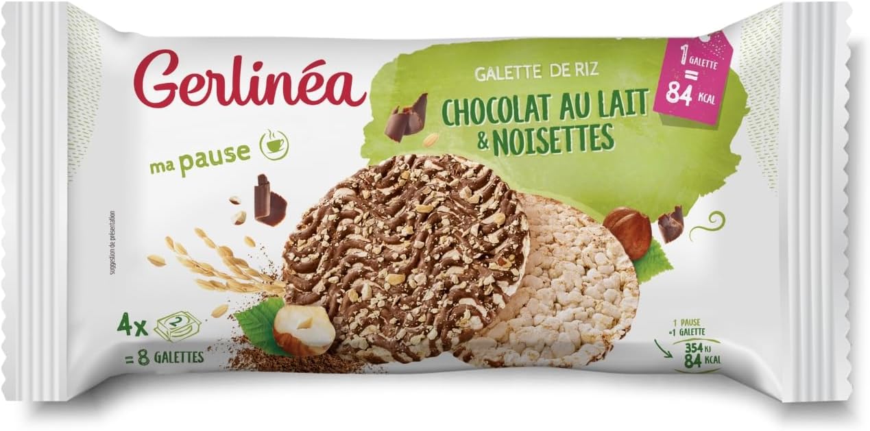 Galettes de Riz au Chocolat au lait et aux Noisettes, Source de fibres, 4 saches individuels, 8 Galettes, 142g Milk Chocolate - Hazelnuts