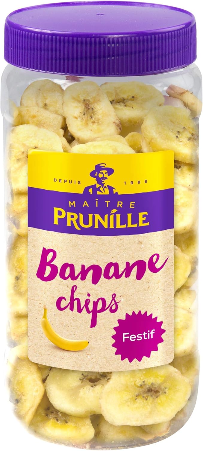 MAÎTRE PRUNILLE - Bananes Chips - Fruits Secs Festif - Riche En Fibres Et Vitamines - Pour Un Snack Ou Apéritif - Bocal 275 g