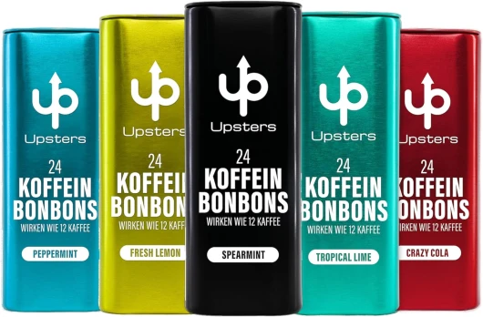 Upsters Energy Caféine Bonbons - Fabulous Five - 120 Bonbons - Energie de 60 Caféines et Boissons énergisantes - Sans Sucre - Végétalien - Fabriqué en Allemagne