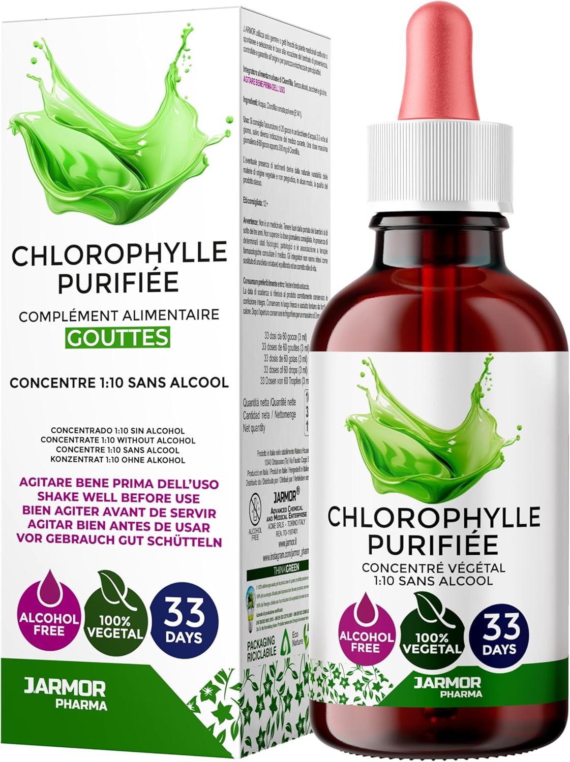Chlorophylle Liquide Concentrée 100ml - Gouttes Naturelles à Base d’Épinards Plus Riches en Chlorophylle que la Luzerne, 300mg par Dose, Détox et Énergie, 33 Doses, Fabriqué en Italie