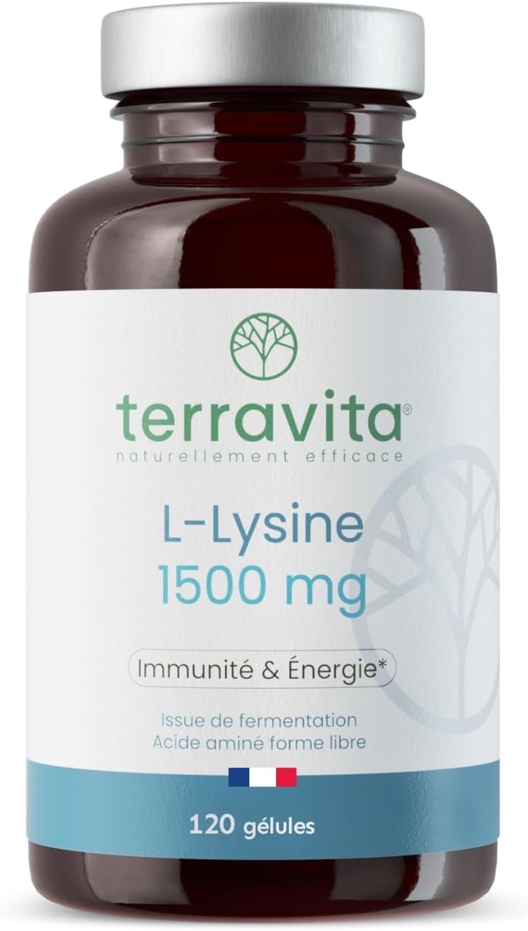 L-LYSINE 1500 mg + Vitamine C - Immunité (Herpès, Bouton de Fièvre) & Energie - 120 Gélules Vegan - Fermentation Végétale - Acide Aminé Essentiel - Sans Excipients - Made in France - Terravita