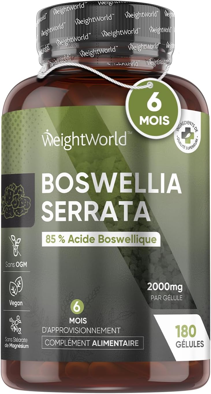 Boswellia Serrata 2000mg 180 Gélules Vegan Avec 85% d’Acide Boswellique - Encens Indien, Alternative à l’Harpagophytum - Teneur Optimal de 400mg (5:1) d' Extrait de Poudre de Boswellia Pour 6 Mois