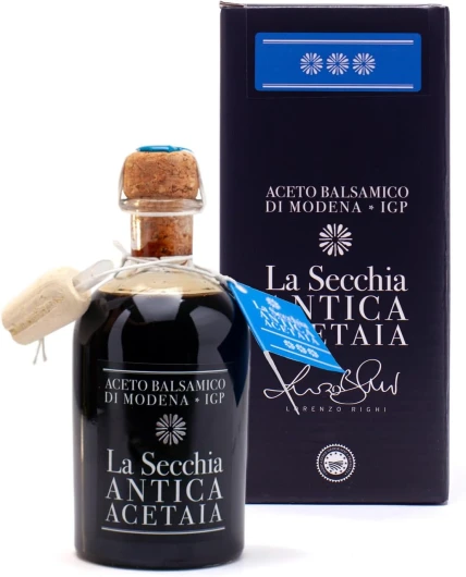 Vinaigre Balsamique de Modène IGP "Trois Étoiles", Vieilli dans 12 Fûts de Cerise-Mûre, Densité Moyenne, Bouteille de 250 ml avec Bouchon Doseur en Liège