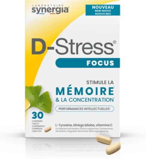 D-STRESS FOCUS 30 comprimés - L-Tyrosine, Ginkgo biloba et Vitamine C - Stimule la mémoire et la concentration - Vegan, Sans Gluten, Sans Soja, Sans OGM - Origine France - Laboratoire SYNERGIA
