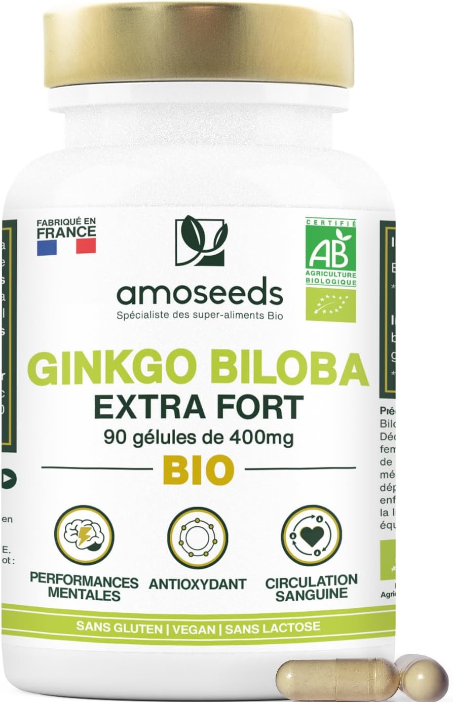 Ginkgo Biloba BIO - Extra Fort, 4560mg par jour - Stimulant cognitif, Mémoire, Circulation Sanguine - 90 Gélules Vegan - Qualité Supérieure
