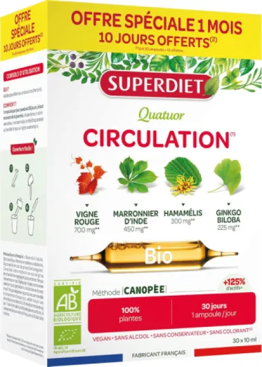 QUATUOR CIRCULATION BIO – Vigne rouge, Marronnier d’Inde, Frêne, Hamamélis, Ginkgo Biloba – Fabrication française – 30 ampoules de 10ml 300 ml (Lot de 1)