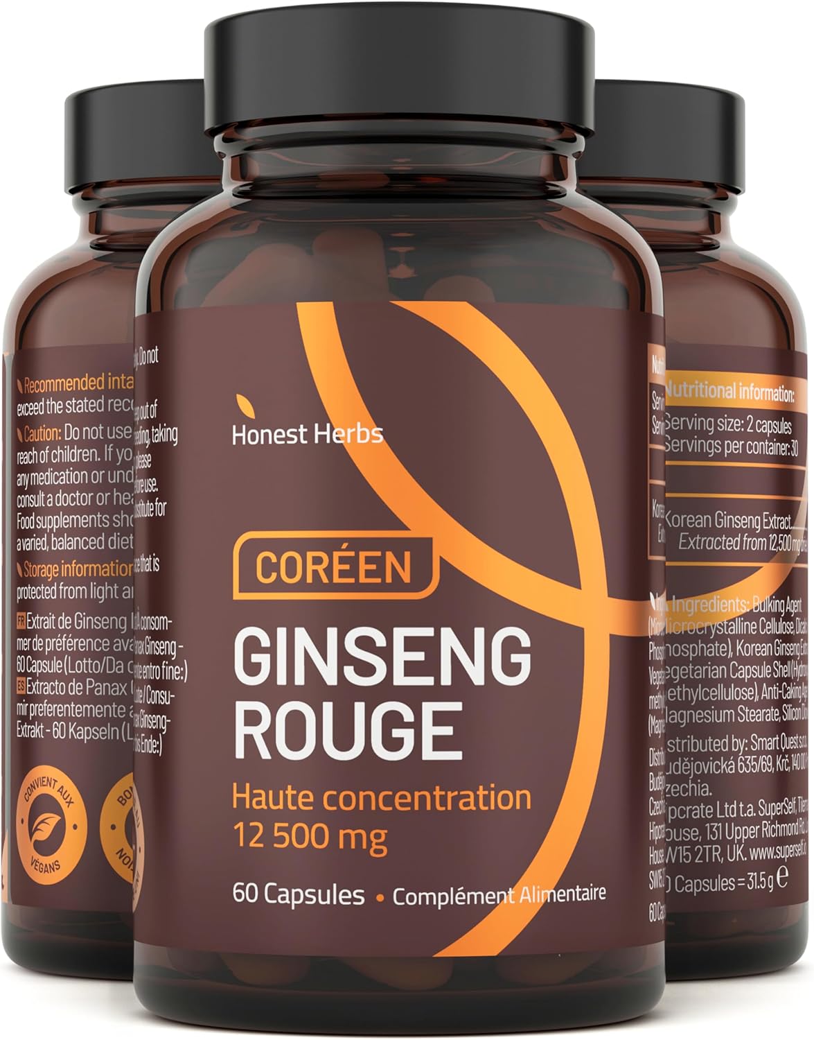 Ginseng Rouge de Corée Panax - Extra Fort 12 500 mg - 60 Gélules - Extrait de Racine de Ginseng avec 20% de Ginsénosides - Vegan