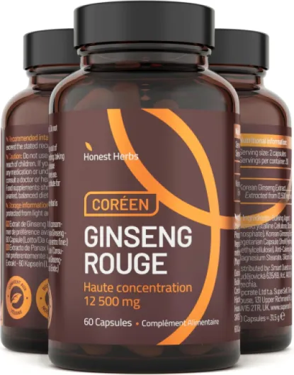 Ginseng Rouge de Corée Panax - Extra Fort 12 500 mg - 60 Gélules - Extrait de Racine de Ginseng avec 20% de Ginsénosides - Vegan