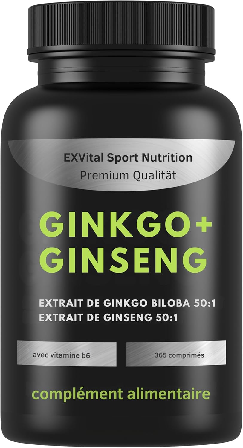 EXVital® Ginkgo + Ginseng, 365 comprimés, extraits de plantes 50:1, hautement dosé – Ginkgo Biloba & Ginseng coréen – Testé en laboratoire – Végan