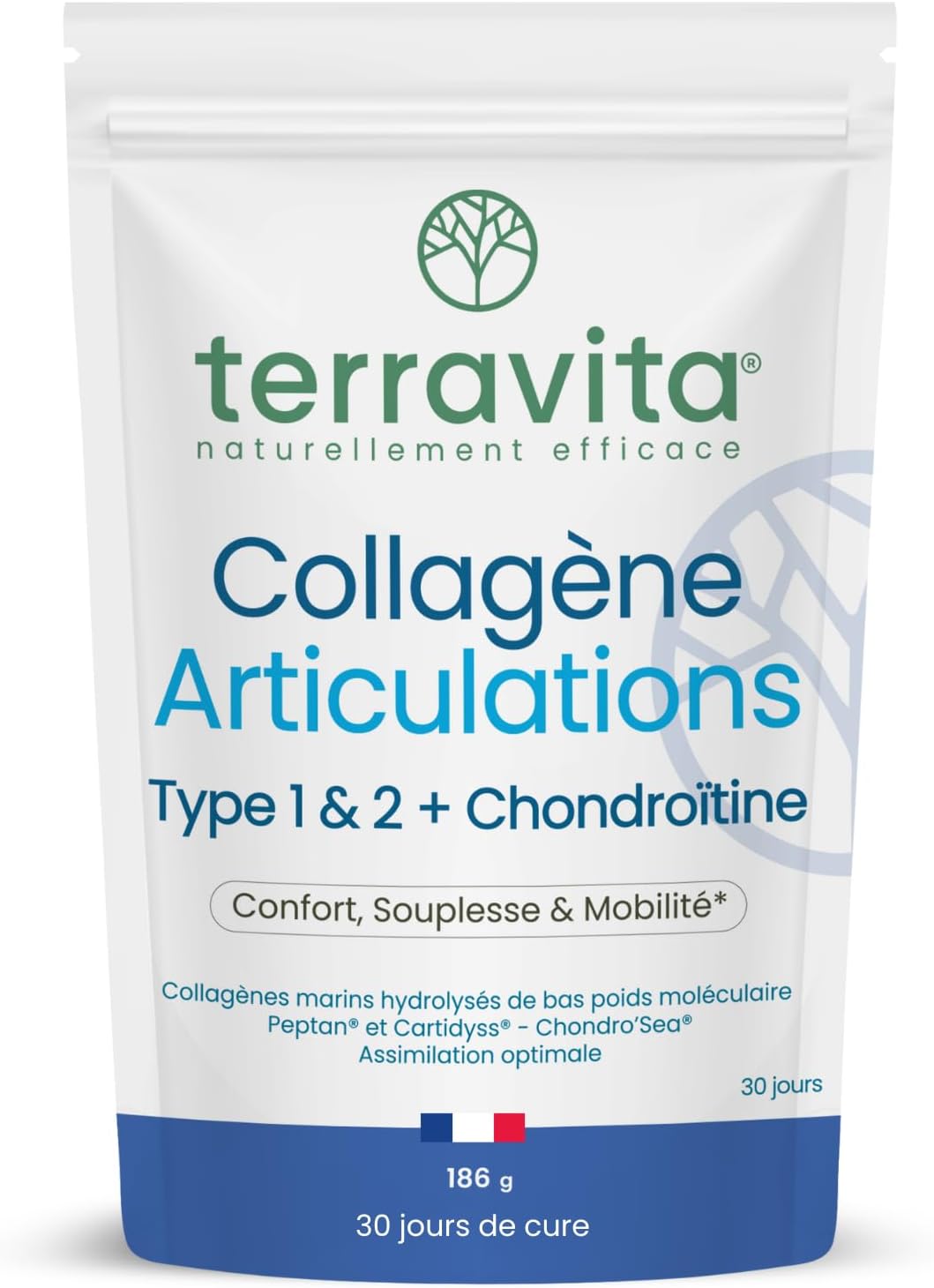 Collagène Articulations en Poudre - Peptides de Collagène Marin Peptan® & Cartidyss® Types 1 et 2 + Chondroïtine Chondro’Sea® + Vitamine C - 30 Jours de Cure - Made in France - Terravita