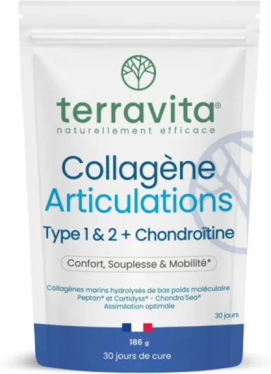 Collagène Articulations en Poudre - Peptides de Collagène Marin Peptan® & Cartidyss® Types 1 et 2 + Chondroïtine Chondro’Sea® + Vitamine C - 30 Jours de Cure - Made in France - Terravita