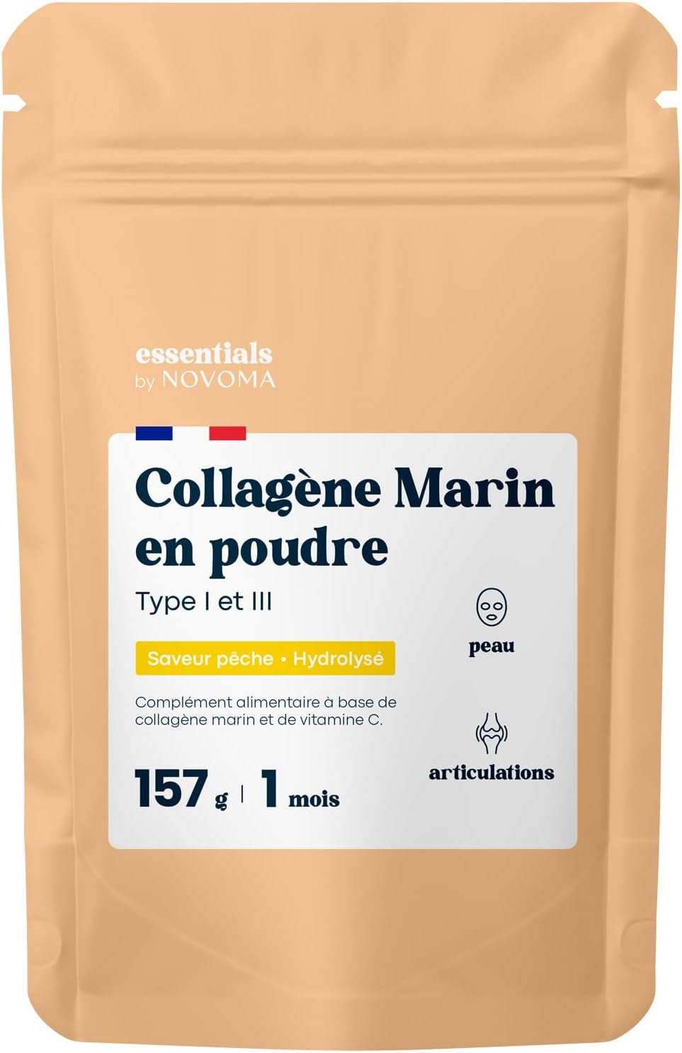 Collagene Marin Poudre Type 1 et 3, Saveur Pêche, Peptides Hydrolysés 2000 DA, Peau Hydratée & Articulations Souples, Sachet 157g, 5g par jour, Cure de 30 jours, Essentials by Novoma
