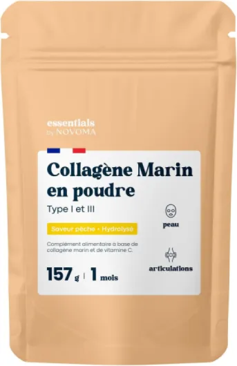 Collagene Marin Poudre Type 1 et 3, Saveur Pêche, Peptides Hydrolysés 2000 DA, Peau Hydratée & Articulations Souples, Sachet 157g, 5g par jour, Cure de 30 jours, Essentials by Novoma
