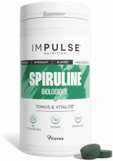 Spiruline bio - 100% pure - Energie, Fer & Antioxydant - Phycocyanine Puissante - Complément alimentaire Récupération & Vitalité - Vegan - 90 comprimés - IMPULSE NUTRITION