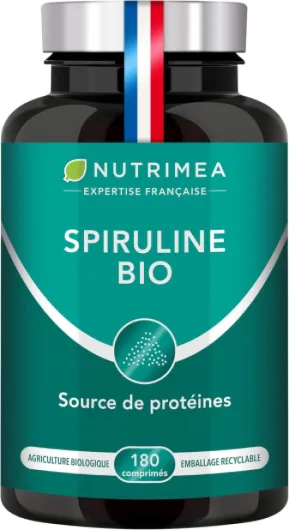 Spiruline BIO - Sans Excipients & OGM - 19% de Phycocyanine - Riche en Protéines, Fer & Antioxydants - Nutrimea - 180 Comprimés Vegan de 500 mg - 2 Mois de Cure - Fabriqué en France