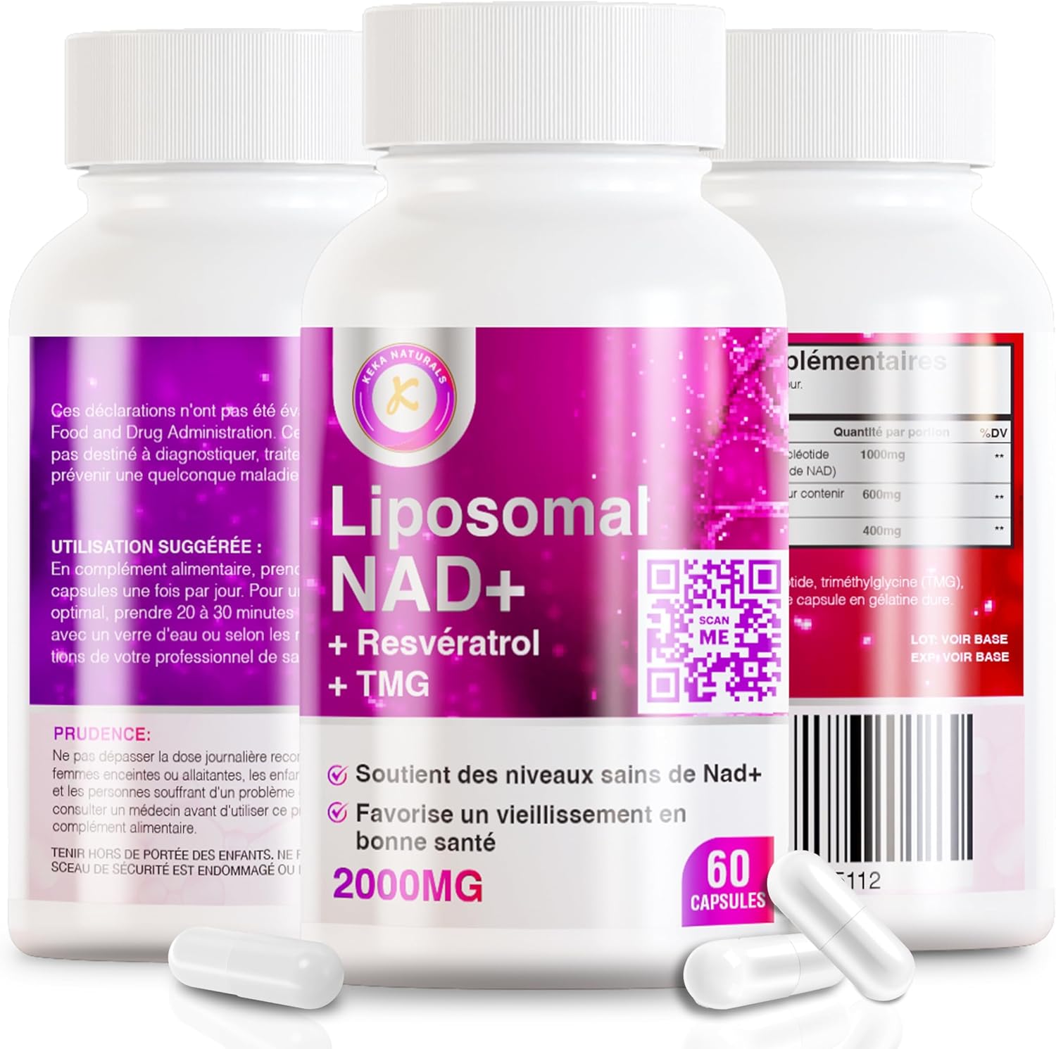 NAD+ + Trans-Resvératrol + TMG - 2000 mg - Formule Avancée 3-en-1 - Complément NAD Resvératrol TMG - Boost NAD+ - Soutien Immunitaire & Énergie, Peau & Bien-Être Global - 60 Gélules