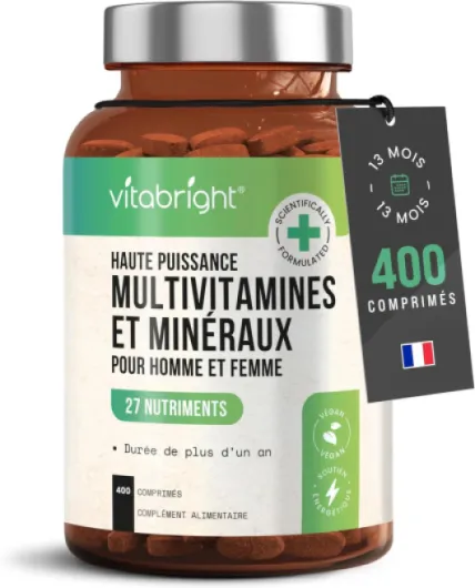 Multivitamines et Minéraux 400 Comprimés Multivitamines Femme/Homme, Complement Alimentaire Vitamine Fatigue Intense, Immunité Adulte, Cure Vitamine Adulte Vitamines Minéraux et Compléments VitaBright