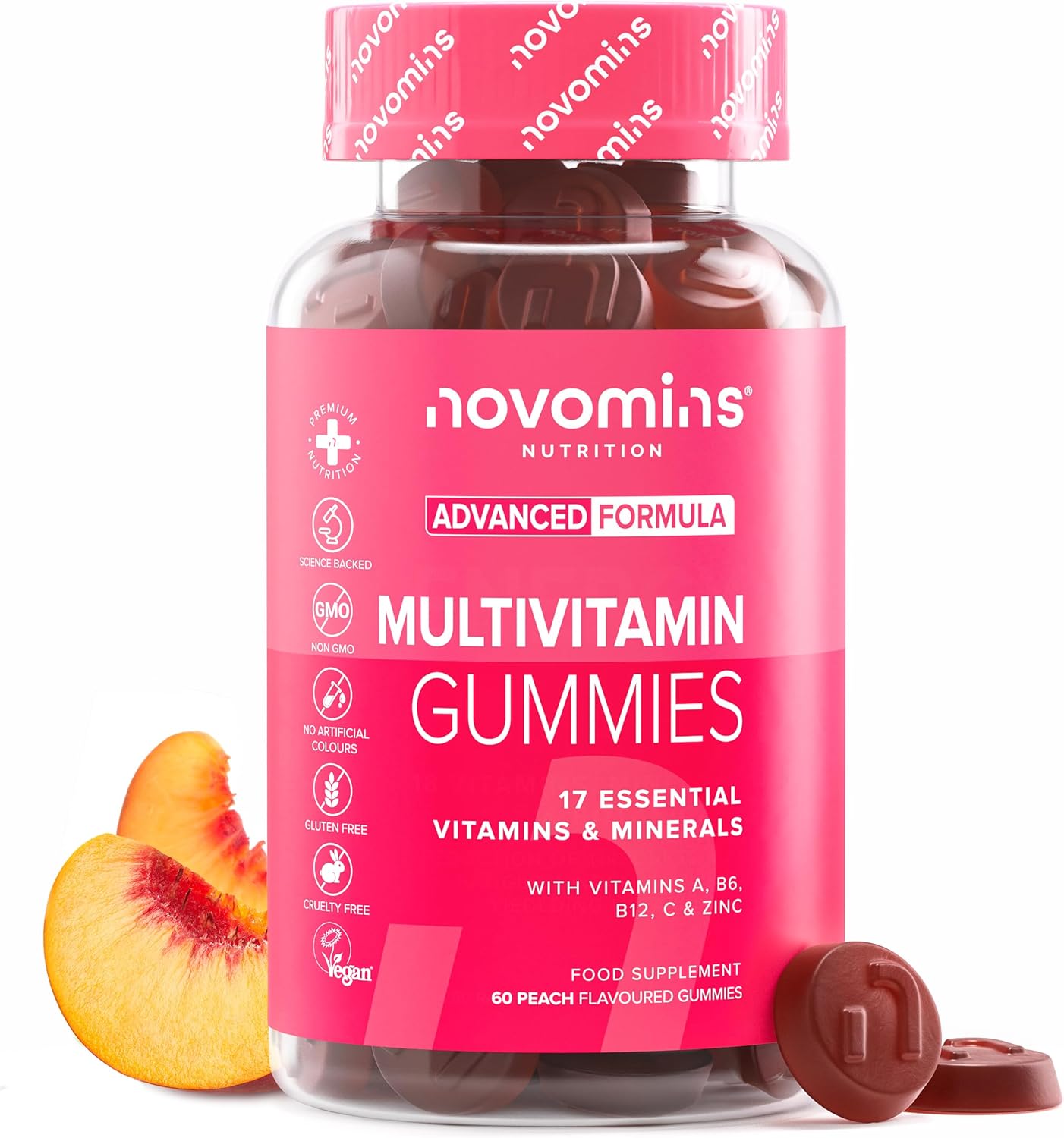 Gommes Multivitamines Adultes – 17 Vitamines & Minéraux Essentiels – Immunité, Énergie, Peau & Cheveux – Vegan, Sans Gélatine ni Gluten – 60 Gommes – Complément Alimentaire – Novomins