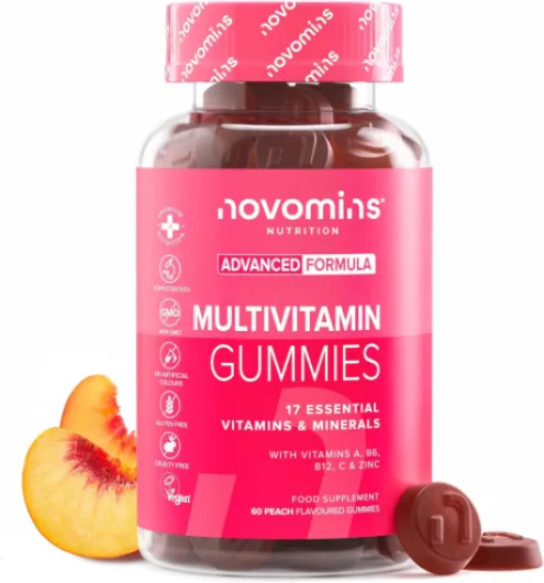 Gommes Multivitamines Adultes – 17 Vitamines & Minéraux Essentiels – Immunité, Énergie, Peau & Cheveux – Vegan, Sans Gélatine ni Gluten – 60 Gommes – Complément Alimentaire – Novomins