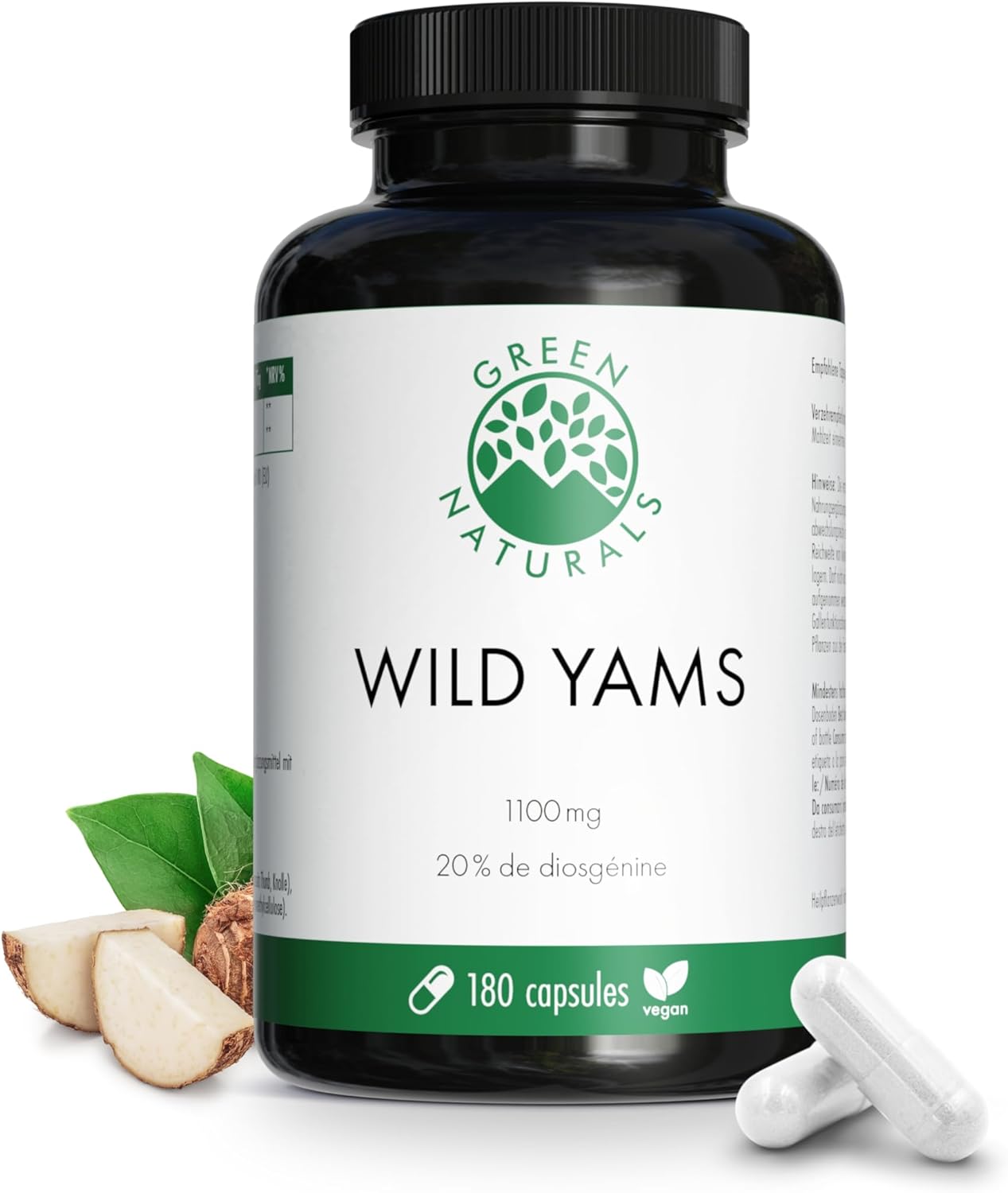 Igname Sauvage (Wild Yams) – 1100 mg par Jour - 180 Capsules Véganes - Production Allemande - 100% Naturel et Sans Additifs - Green Naturals®