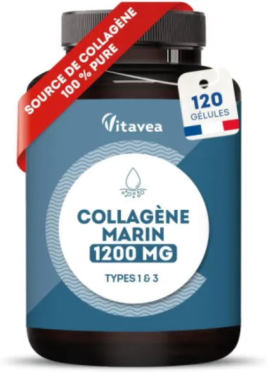 Collagène Marin Hydrolysé 1200 mg - Source de Collagène 100% Pure, Types I & III - 120 gélules - Peptides de Collagène Hydrolysé - Élasticité & Fermeté de la Peau - Fabriqué en France - Vitavea