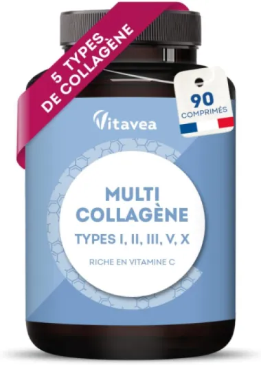 Multi Collagène 5 Types I, II, III, V, X - Peptide de Collagène Hydrolysé & Collagène Marin - Enrichi en Vitamine C - Peau, Cheveux et articulations - 90 Comprimés - Fabriqué en France - Vitavea
