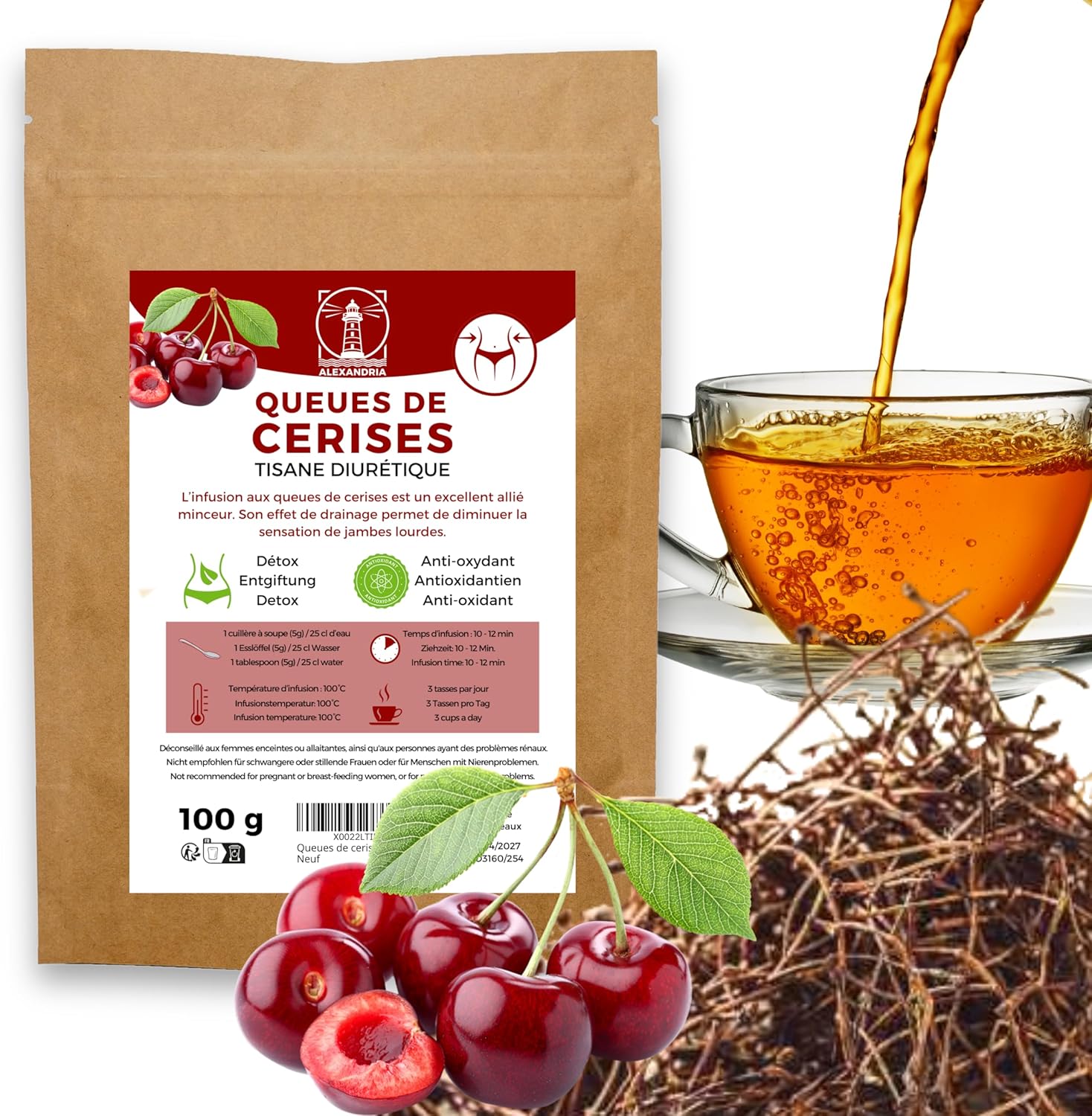 Tisane queue de cerises - Allié minceur, perte de poids, infusion diurétique - drainant puissant, rapide et efficace - Thé anti rétention d'eau - Soulage les ballonnements - Sachet vrac 100G Draineur Detox